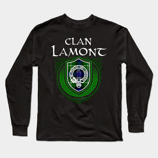 Clan Lamont Surname Scottish Clan Tartan Crest Badge Long Sleeve T-Shirt by Celtic Folk